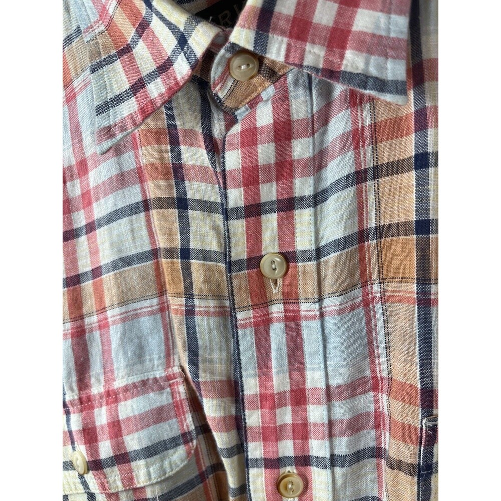 ORVIS Men's Long Sleeve Plaid Linen Shirt XL Red/Navy/Tan/Wht Preppy Classic - Picture 2 of 10